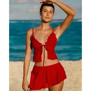 Red Front Tie Tankini Three-Piece Tankini Set