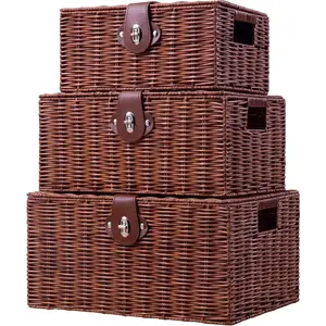 Set of 3 Woven Wicker Basket Box with Lids & Lock,-in Carry Handles, Multifunctional Organizer for Nursery, Baby, Clothes, Toys, Books, Large/Medium/Small Size (Natural)