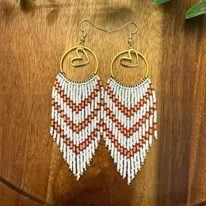 Handmade Beaded Earrings with Gold Heart Hoops and White Red Fringe Design for Women's Fashion