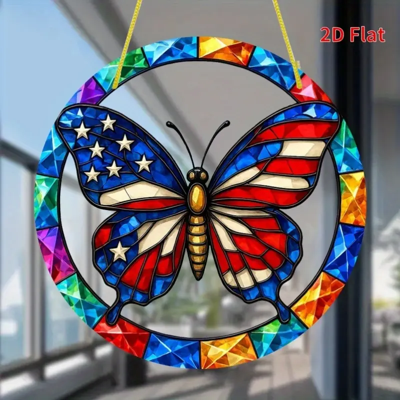 1pc 8"x8" Round Hanging Acrylic Sun Catcher - Transparent Double-Sided HD English Flag Butterfly Ornament, Iron Imitation Stained Glass Decor Plaque, Universal for Wardrobe, Toilet, Garage (Home Decor)