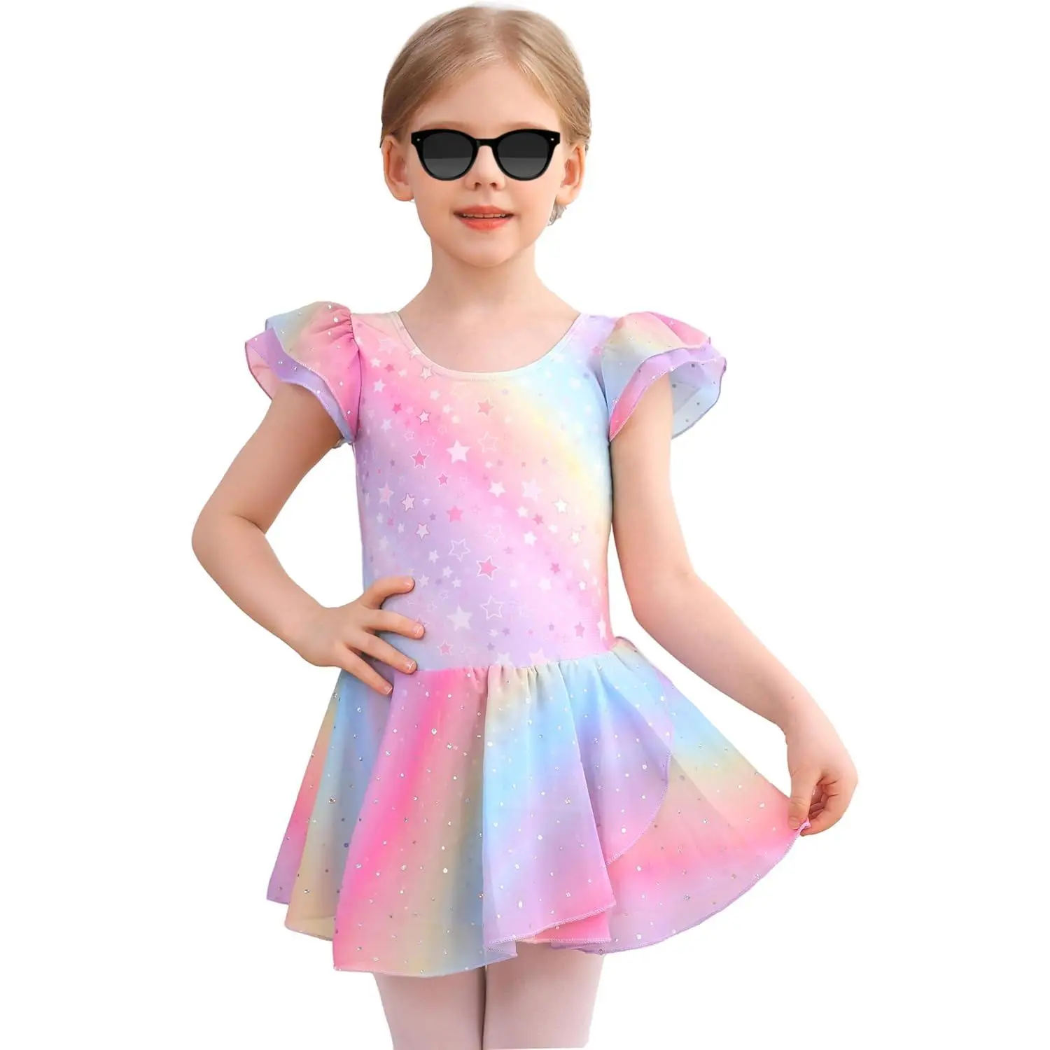 Girls' Ballet Leotard with Ruffle Sleeves and Attached Sparkly Tutu, Scoop Neck Dancewear for Class and Gymnastic, Sports, Curvy Body, Tutu Outfit, Daily Wear