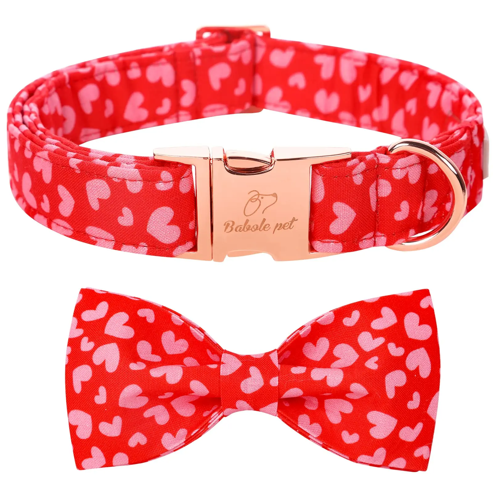 Dog Basic Collar with Bow Tie - Pink, Red Love Design, Adjustable Safety Metal Buckle, XS Size for 8"-12" Neck Small, Medium, Large Dogs