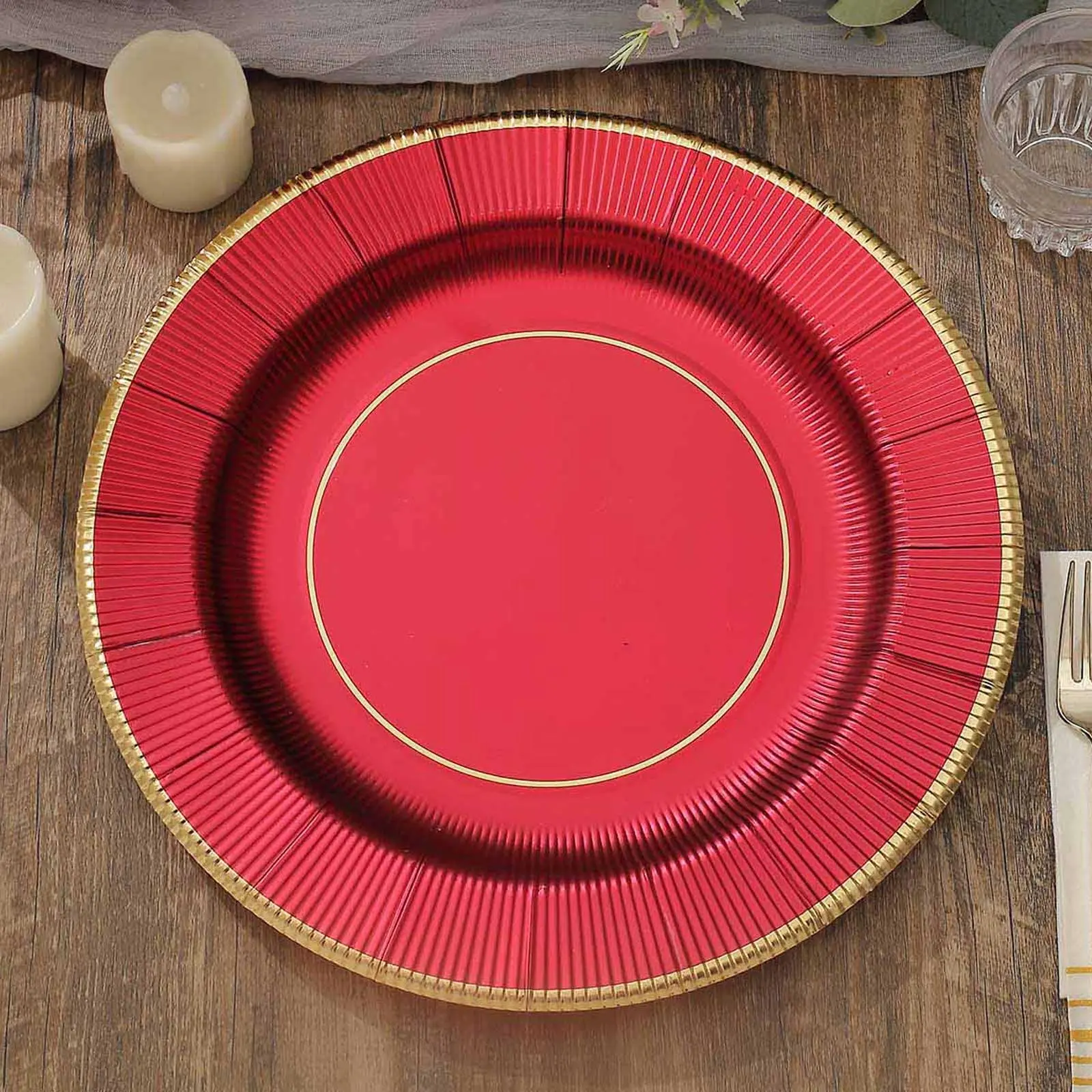 13in Heavy Duty Disposable Round Charger Plates, 25-Pack Burgundy Sunray Design with Gold Rim 350GSM Paper Placemats for Wedding, Baby Shower, Birthday