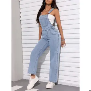 Denim Color Solid tiktok PETITE Straight Leg Overalls