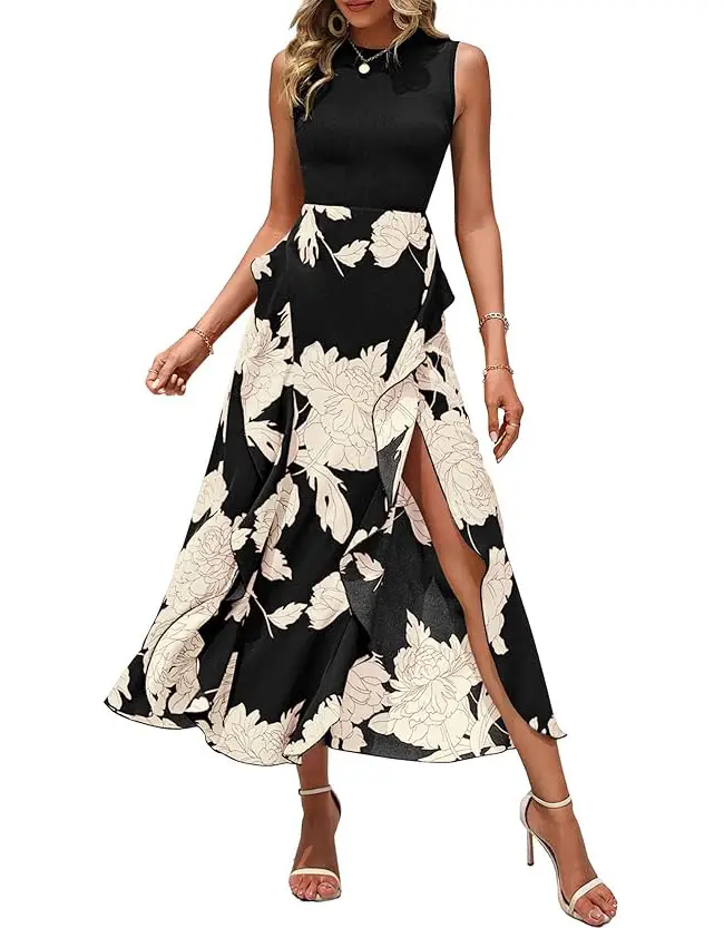 BTFBM Women's Casual Sleeveless Summer Dresses 2025 Spring Crewneck Patchwork Boho Floral Ruffle Cocktail Party Midi Dress #Outdoorfun