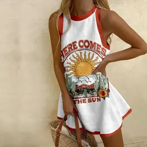 Here Comes The Sun Prints Mini Dress Women's Illustration Pattern  Printing Dress, Elegant Chic Sleeveless Dress For Spring and Summer ,Boho Clothing For Daily Wear ,Bohemian Womenswear Casual Breathable