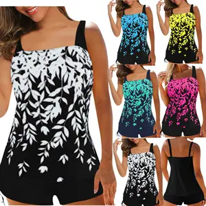 2Pcs Women Summer Swimwear, Leaf Print Padded Tank Tops + Solid Color Drawstring Shorts Swimsuit for Ladies Female, 5 Colors