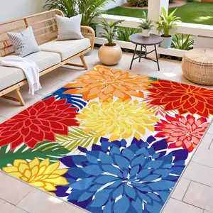 Colorful Tropical Floral Outdoor Area Rug, Non‑Slip Silicone Backing Velvet Chenille Patio Rug, Waterproof Washable Rainbow Botanical Flower Outdoor Carpet for Deck Backyard Porch Garden Balcony