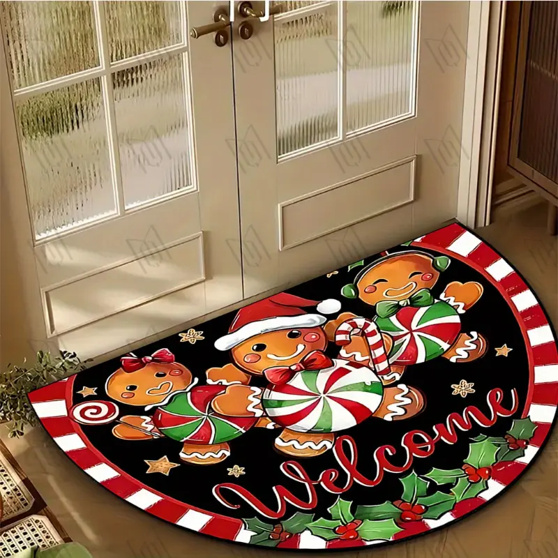 Crystal Velvet 900g/m² 1pc 'Welcome' Sign Gingerbread for Man Pattern Semi-Circular Welcome Doormat, Non-Slip Entry Mat for Farmhouse Decor/Bedroom Living Room Kitchen Bath Yard Camping Fashionable Home Décor 19*31/23.6"x35. 4" 31 x47 / 47x