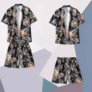 2PC Hawaiian Matching Set Black Gray Palm Leaf Peach Hibiscus Floral Print Open Shirt Drawstring Shorts Men Women Loose Breezy Beach Vacation Luau Summer Aloha