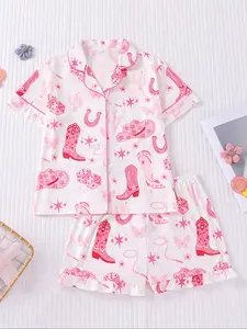 Girls' Western Style Print Short Sleeve Shorts Set, Matching Clothing Set, Casual Comfortable Breathable Summer, Cartoon Design, Girly 2 Piece Set, Children, Summer Clothes Set