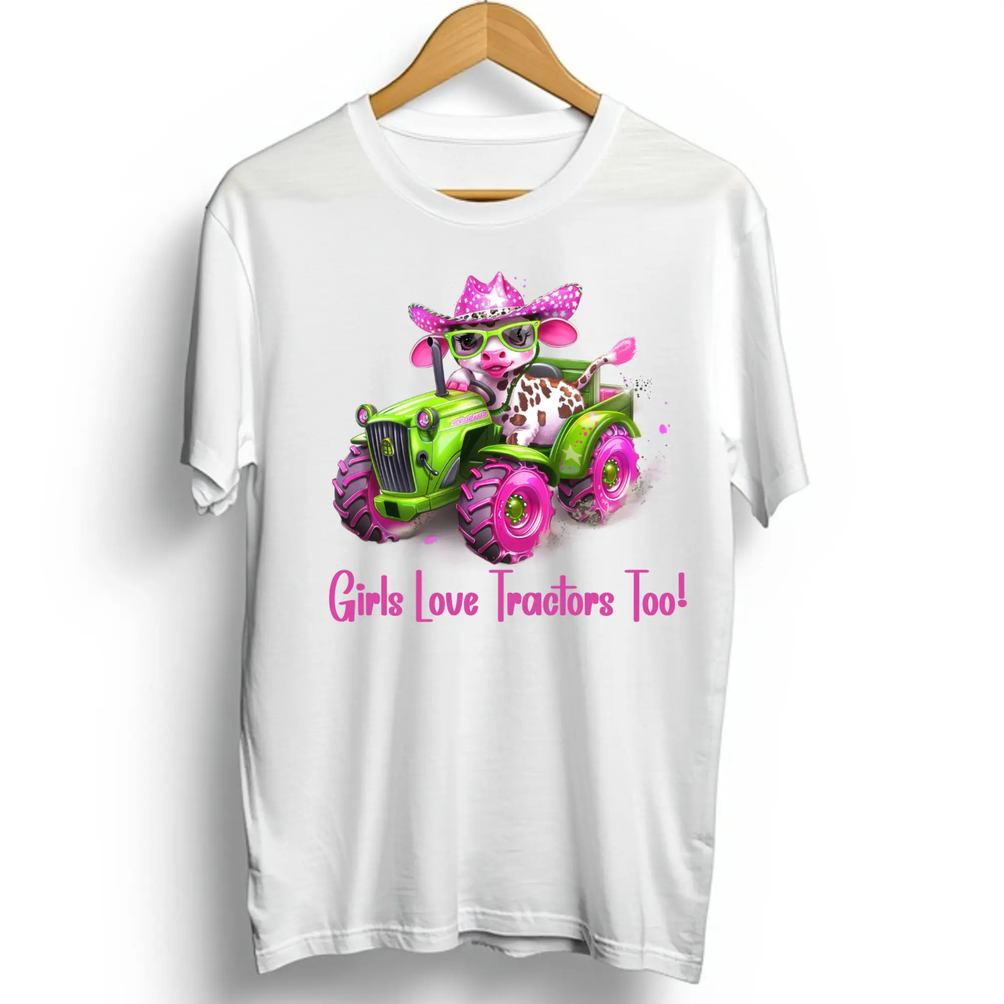 Girls Love Tractors Too Cow and Tractor Direct To Film Print, DTF Print, Ready To Press Print For T-Shirts
