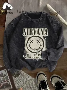Women's Cotton Letter Nirvana Smiley Graphic Print Round Neck Fitted Sweatshirt, Casual Vintage Pullover for Daily Wear, Fall & Winter Fashion, Womenswear