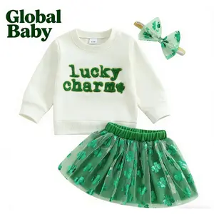 Global Baby St. Patrick's Day Toddler Baby Girl Spring Outfits Shamrock Letter Embroidered Long Sleeve Sweatshirt Mesh Skirt and Bow Headband 3 Pcs Set Kids Gir Irish Day Outfit Letter