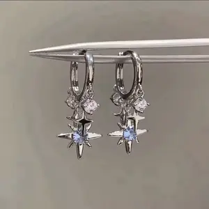 Y2K Blue Zircon Eight-Pointed Star Pendant Earrings for Women Silver Color Star Tassel Ear Buckle Stood Minimalist Design Jewelry Gift