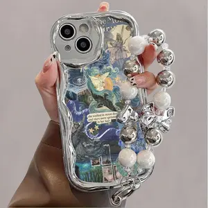 Silver Electroplated Curved Edge Pattern Phone Case with Pearl Bracelet Lanyard Design, Drop-Resistant, Durable, Unique Pattern, Compatible with iPhone 16 15 14 13 12 11 Pro Promax 16 15 14 plus Cute Fashion Thick Shockproof Phone Case