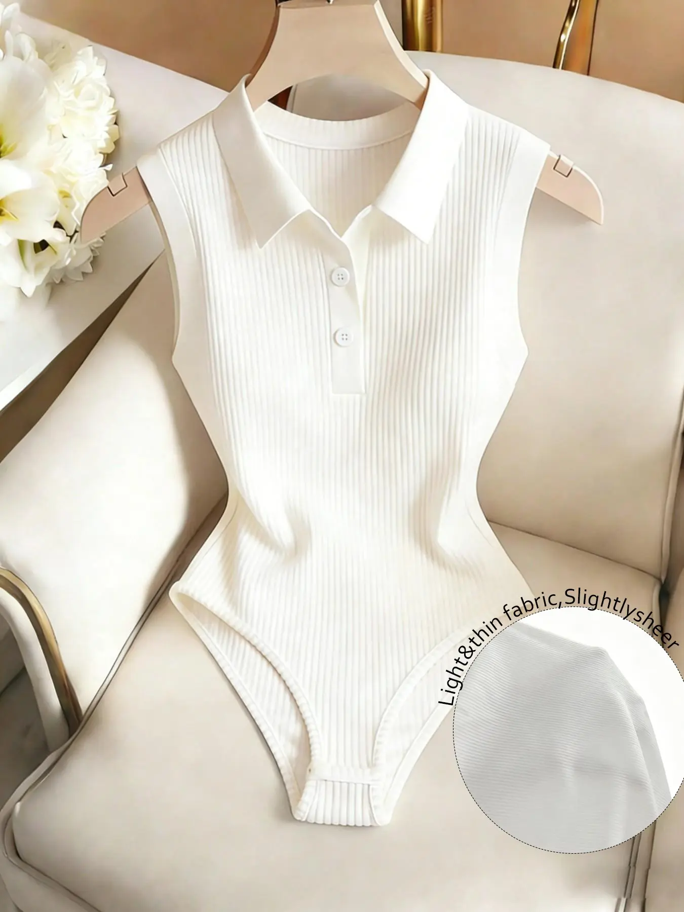 Summer Women's Polo Neck Ribbed Slimming Knit Sleeveless Bodysuits Jumpsuit, Tight Elastic Triangle Casual Elegant Formal Minimalist One-Piece Fit Knitted Bodysuits