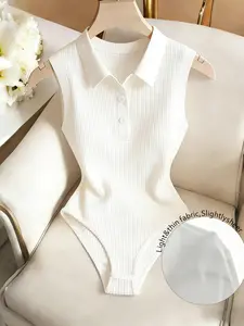 Summer Women's Polo Neck Ribbed Slimming Knit Sleeveless Bodysuits, Tight Elastic Triangle Casual Elegant One-Piece Fit