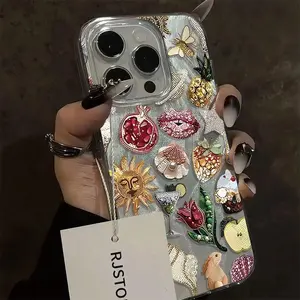 1 Pomegranate Flower Print Beaded Phone Case, Suitable for iPhone