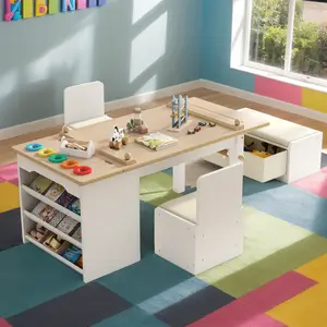 3 in 1 Kids Art Table and Chair Set, Art Desk & Easel w/ Storage Shelves, Drawers, Paint Cups, Paper Roll, Toddler Table and Chair Set w/ Bench & 2 Chairs for Draw, Write, Play, Crafts (Light Walnut)