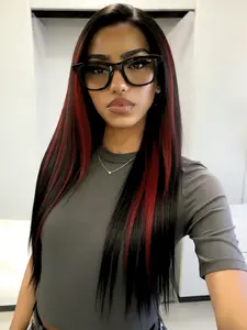 Red Highlight 13x4 Lace Front Wig Faca Frame Money Piece Highlight Wig Natural Hairline Free Part Heat Resistant Synthetic Straight Wig Valentine’s Day Dating Look for Women Everyday Wear Work School Valentine’s Gift Present 28 Inch