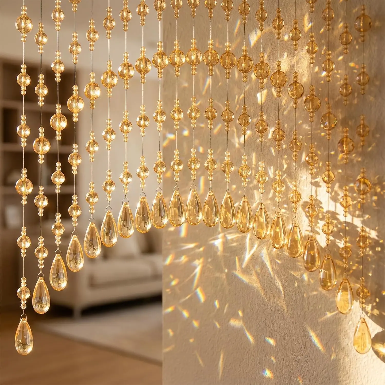 20 Strings Crystal Beaded Curtain, Arched Doorway Hanging Beads Curtain with Teardrop Pendants, Champagne Color Decorative Room Divider for Doorway, Living Room, Bedroom