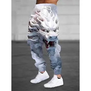 Men's 3D Dragon Print Sweatpants, Casual Elastic Waist Joggers, Streetwear Trousers With Pockets, Comfort Fit