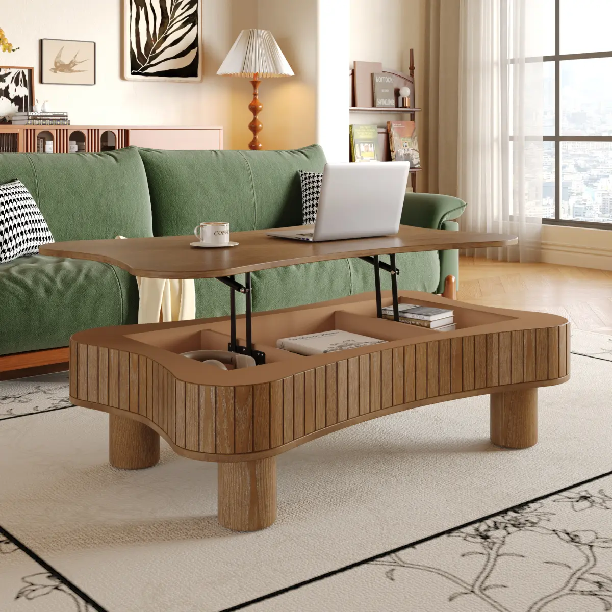 Rustic Charm Antique Natural Rectangular Coffee Table (42"l x 27"w) - Farmhouse Coffee Tables for Living Room, Tool-Free Assembly Required, Hidden Storage, Silent Hydraulic Lift, Fluted Sides, Curved Edges, Pre-Drilled Legs, Walnut Finish, Modern Farmhous