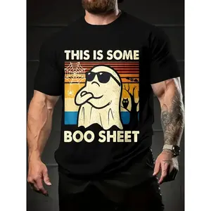 [Halloween "Boo Sheet" Tee] Funny Halloween "Boo Sheet" Graphic T-Shirt for Men | Cartoon Monster Design, Black Crewneck Tee - All-Season Casual Shirt for Costume Parties & Casual Attire - Adult Men's Clothing Apparel,