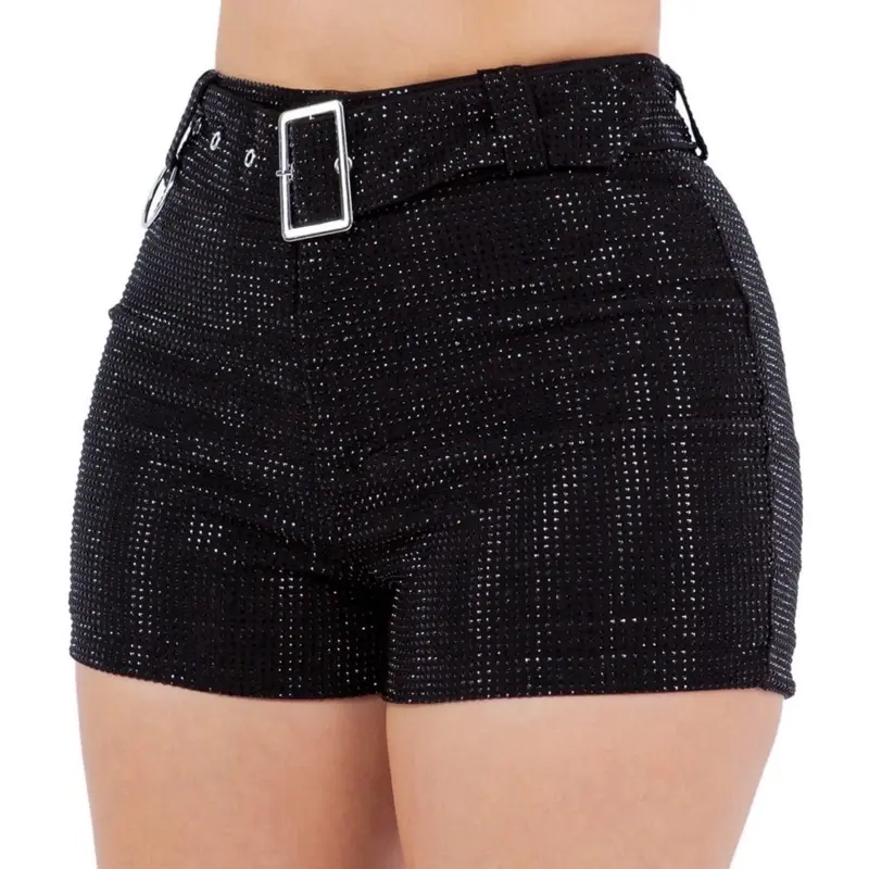 Women's Red Mini Shorts - Classy Tailored Fit with Rhinestone Elegance, Party Bottom with Included Belt