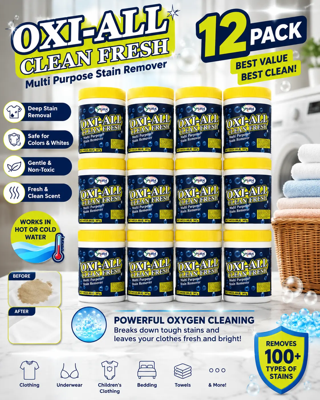 PURA MINI OXI-ALL Clean Fresh Oxygen Stain Remover Powder 397g Multi Purpose Laundry Explosive Salt Enzyme Cleaner For Baby Clothes Underwear Color Fabric Household Cleaning Bulk Set