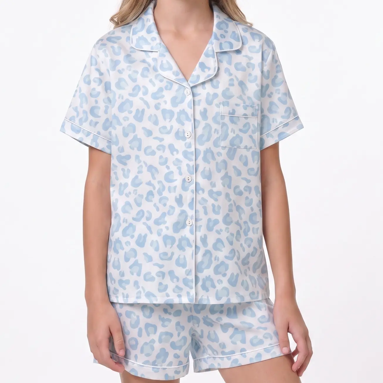 Girls Pajamas Silk Satin Sleepwear | Light Blue Leopard Print Short Sleeve Pjs Set | Kids Pyjamas for Girls Cute Button Down Loungewear Shorts 2 Piece | Toddler Girl Summer Clothes Soft Nightwear Birthday Gifts