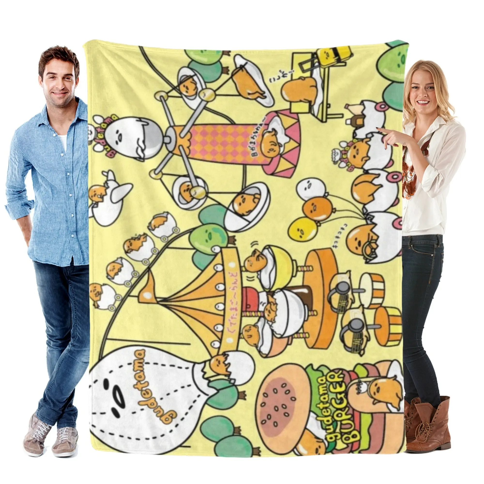 [SummerVibes] SANRIO Gudetama Flannel Blanket - Soft Cozy Lazy Egg Theme Park 2D Print, Multi-Use Throw for Couch, Bed & Office