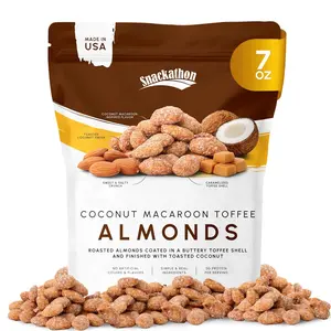 Snackathon Coconut Macaroon Toffee Almonds, Resealable Bag, Made in USA, All-Natural Fresh Roasted Nuts Coated in a Crunchy Tropical Toffee Shell, Gourmet Sweet & Salty Snack