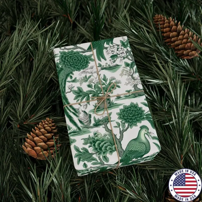 Chinoiserie Christmas Wrapping Paper Roll, Green and White Toile Gift Wrap, Asian China XMAS Holiday French Toile de Jouy Floral Traditional