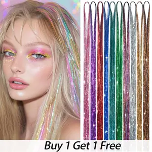 [Buy 1 Get 1 Free]VLASY Sparkling Tinsel Hair Extensions Heat Resistant Synthetic Hairpieces 10 Vibrant Colors for Parties & Events