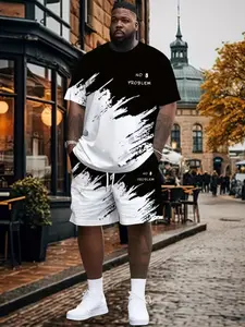 Men's Large Size Casual 3D Colorblock Print Set, Breathable Polyester Fabric, Round Neck Short Sleeve Top + Waist Drawstring Beach Pants