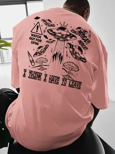 Men's UFO Print Round Neck Tee, Loose Casual Short Sleeve T-shirt for Summer, Men's Top for Daily Wear, Casual Streetwear Looks