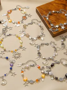 Small Star Beaded Heart Design Bracelet Adjustable Bff Couple Ring Sweet Cool Y2K Style, Unique Fashion Accessory for Women