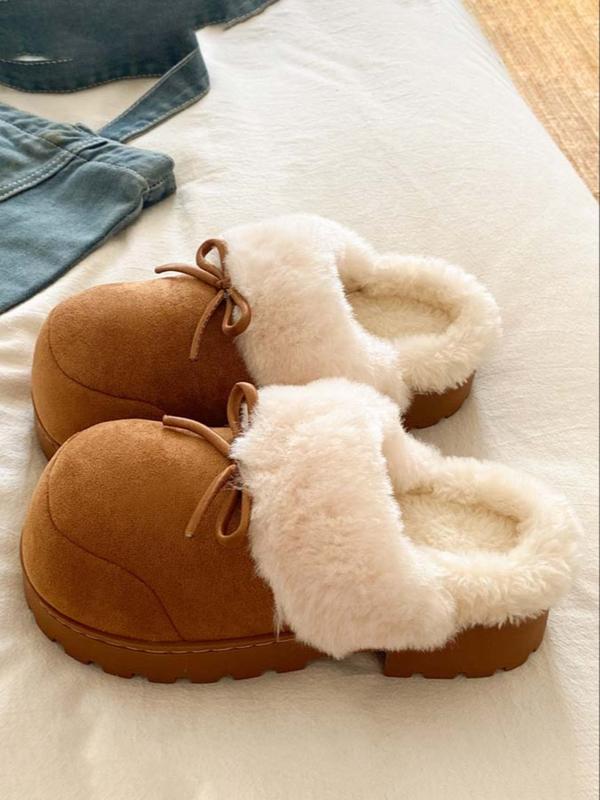 Women's Plush Slippers with Sweet Bow Design, Warm Winter Indoor & Outdoor Shoes, Comfortable Casual Footwear for Fall Season, Home Footwear
