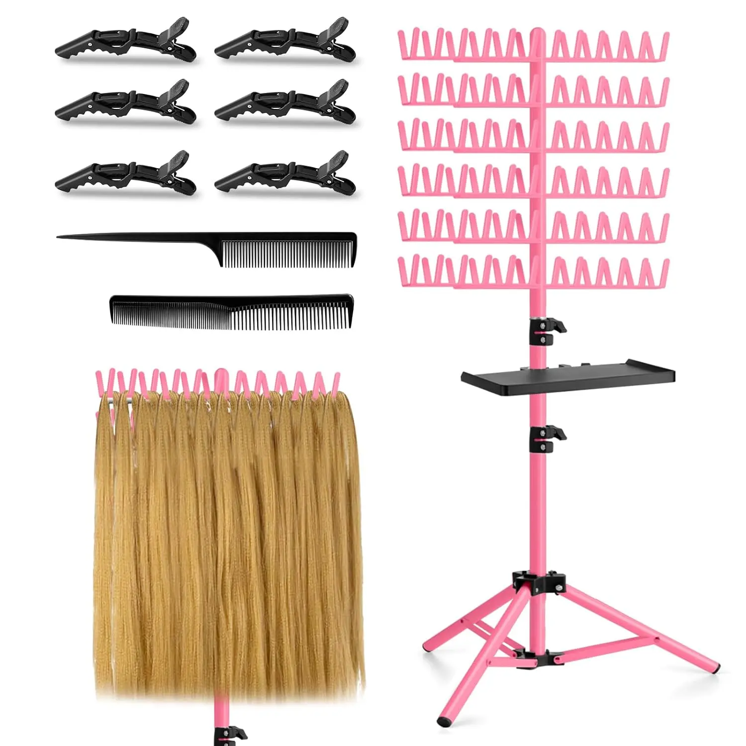 Braiding Hair Rack with Tray – 2-sided 144 Pegs, Height Adjustable Standing Hair Extension Holder, Space Saving Hair Separator Display for Salon Stylists & Home DIY