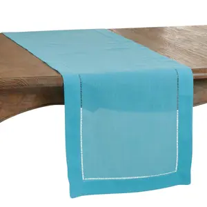 SARO  16 x 72 in. Oblong Classic Hemstitch Border Table Runner Turquoise