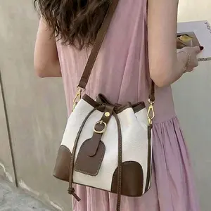 Fashionable Color Block Drawstring Bucket Bag, Retro Golden Buckle Crossbody Bag, Versatile Women Handbag Suitable For University, Commuting, Shopping, Casual Daily Use