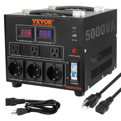 VEVOR Heavy Duty 110V-220V Step-Up/Down Voltage Converter Transformer, 5000W Max, Toroidal Coils, 2 LED Displays, Compact, Overload Safe, 6 US/EU Plugs, 5V USB Charging, 1 Type-C Jack, 28.2lb, 110V, 10.6x9.5x8.5in