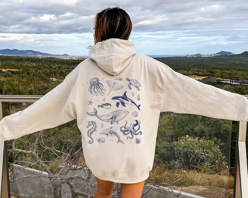 Underwater Sea Animal Words on Back Sweatshirt or Hoodie, Ocean Life Sweatshirt, Beach Hoodie, Save The Shark, Oversize Hoodie, Animal Lover