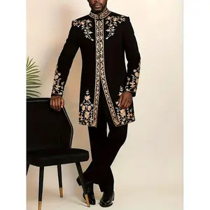 Fall 2025 New Men'S Plant Embroidered Stand Collar Long Sleeve Shirt And Pants Two-Piece Set, Suit, Golden Embroidery, African Men'S Suit, Wedding, Black Golden Embroidered African Modern Formal Wear, Casual Party Wear, Suit