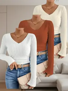 Women's Solid V Neck Long Sleeve Tee, Casual Basic Slim Fit Womenswear T-shirt for Fall & Winter, Women's Top for Daily Wear Garments