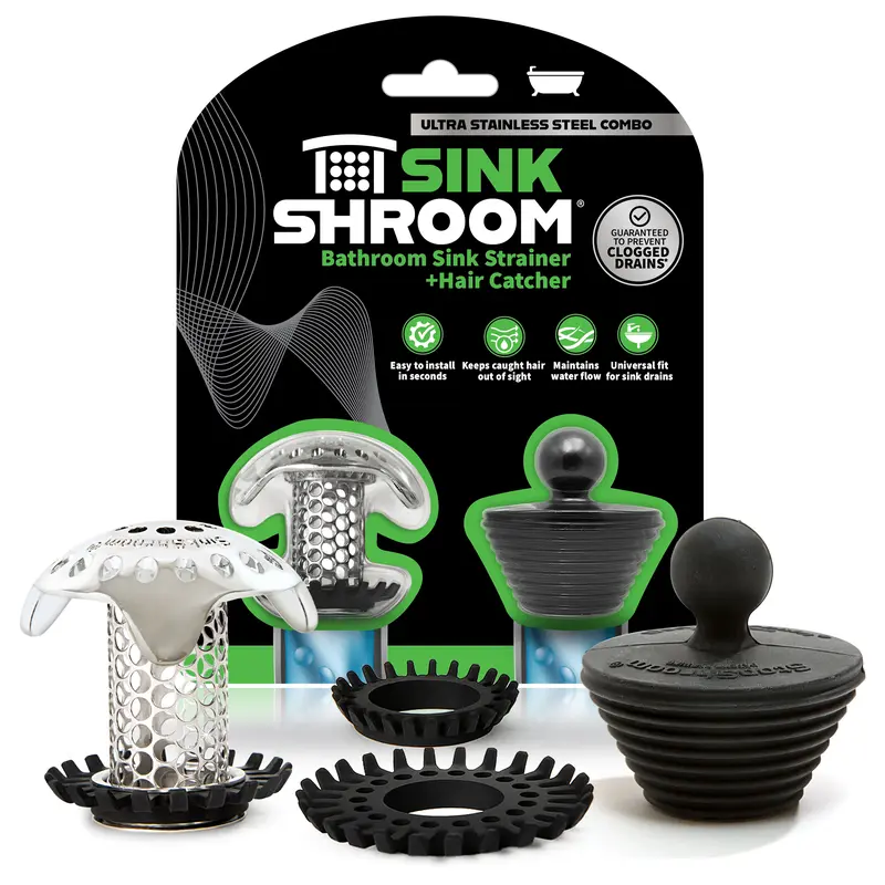 SinkShroom Bathroom Sink Drain Protector in Stainless Steel with StopShroom and Stopper