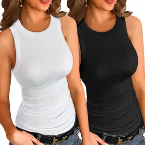 2 Pack Tank Tops for Women Crewneck Ribbed Knit Slim Fitted Sleeveless Basic Tee Tanks Casual Summer