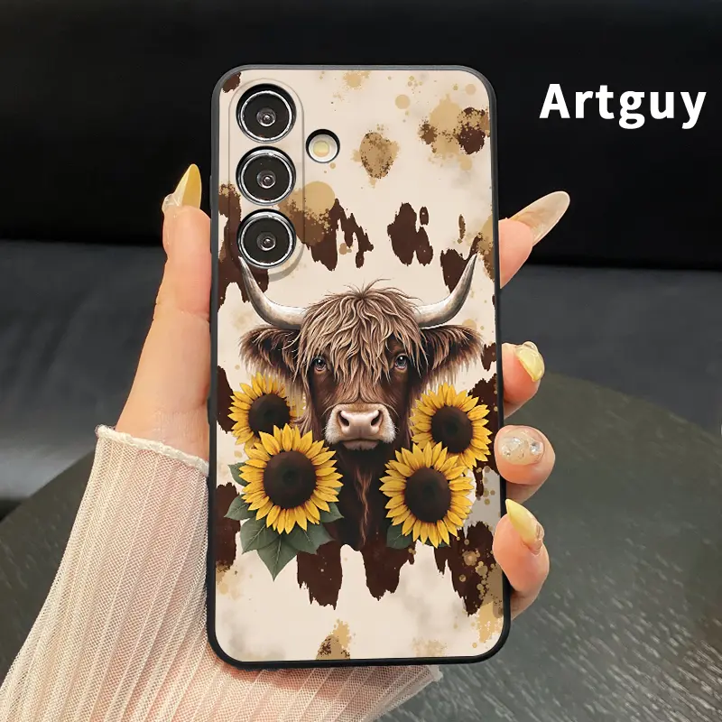 Bull with Sunflowers Pattern TPU Phone Case for Samsung Galaxy S22 Edge, S23 Ultra, S24 Plus, S25, S26 - Shockproof, Drop-Protective, Rugged Durable Silicone Cover